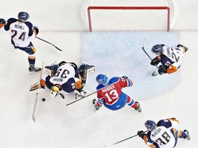 Brandon Baddock of the Edmonton Oil Kings is foiled on this scoring chance by Kamloops Blazers goaltender Connor Ingram in a Western Hockey League game at Rexall Place on Dec. 10, 2014.