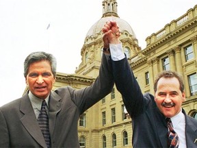 Brian Mason posed with mentor Raj Pannu after being sworn in as an MLA in 2000. Former New Democrat Leader Pannu was instrumental in urging Mason to run for provincial political office.