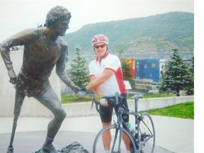 Art Brochu, 70, stops to shake hands with the statue of Terry Fox after cycling 9,500 kilometres to St. John’s, NL from Port Hardy, B.C. to support the Children’s Wish Foundation. “Terry Fox has been my hero and inspiration for many years,” says the grandfather of eight from Alberta Beach near Edmonton.