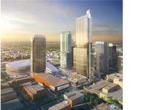 The new Stantec Tower is a part of the Edmonton Arena District, a joint venture between Katz Group and WAM Development Group. This drawing shows a proposed luxury hotel tower (from left), the new downtown arena below and behind it, a planned tower for City of Edmonton employees and the new Stantec Tower.