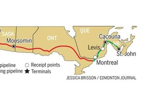 A map showing the route for the Energy East pipeline