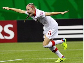 Canada’s Janine Beckie celebrates after scoring the game’s only goal against North Korea in a U-20 Women’s World Cup soccer game on Tuesday at Montreal.