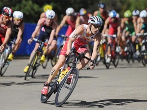 Canada’s Kyle Jones makes a turn during the Men’s 2014 ITU World Triathlon Final in Edmonton on Sunday Aug. 31, 2014.