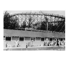Borden Park pool and roller-coaster in 1925. The opening of the pool in 1924 was marred by racism. City of Edmonton archives: c