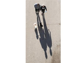 A couple and their dogs cast long shadows as they walk under the Groat Bridge in Edmonton on Sept. 11, 2014.