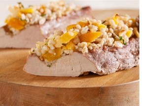 CREDIT: Alberta Barley-Barley makes a great stuffing for proteins. This recipe for Barley and Apricot Stuffed Pork Tenderloin is found in Go Barley: Modern Recipes for an Ancient Grain.