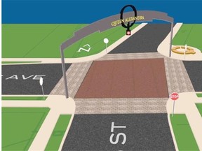 The QA Crossroads initiative suggests installing brick, a pocket park and a community archway is one way to meet their key goal of making the 106 Street and 76 Avenue intersection a safer, friendlier place to be. 
 Image supplied, QA Crossroads