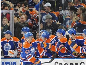 David Perron of the Edmonton Oilers, scored his first goal of the season against the Vancouver Canucks on Nov. 1, 2014, at Rexall Place in Edmonton.