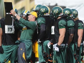 The defence works on a play during Eskimos Practise at Commonwealth Stadium in Edmonton on Friday Aug. 29, 2014.