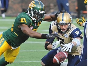 Edmonton Eskimos defensive end Odell Willis forces Winnipeg Blue Bombers quarterback Drew Willy to fumble the ball, leading to linebacker Dexter McCoil scooping up the loose ball and running 77 yards for his third touchdown of the season during Monday’s  Canadian Football League game at Commonwealth Stadium.