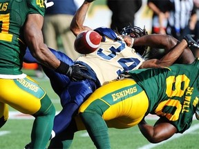 Edmonton Eskimos defensive tackle Almondo Sewell twists as he pulls down Winnipeg Blue Bombers runningback Paris Cotton during a Canadian Football League game at Commonwealth Stadium on Oct. 13, 2014.