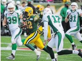 Edmonton Eskimos kick-returner Kendial Lawrence runs for a touchdown off a punt return in the second quarter of the Sunday’s West Division semifinal against the Saskatchewan Roughriders at Commonwealth Stadium.