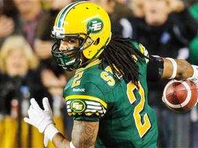 Edmonton Eskimos receiver Fred Stamps celebrates after scoring a touchdown against the Saskatchewan Roughriders during CFL action at Commonwealth Stadium on Sept. 26, 2014.