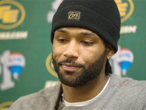 Edmonton Eskimos slotback Fred Stamps speaks at a media conference at Commonwealth Stadium on Monday, Nov. 24, 2014.