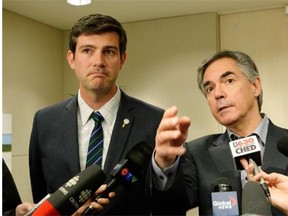 Edmonton Mayor Don Iveson and Premier Jim Prentice speak with the media after the two had a meeting at Edmonton City Hall on Sept. 9, 2014.