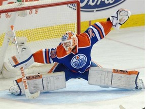 Edmonton Oilers goalie Ben Scrivens lets in a goal late in the third period as the Nashville Predators defeated the Edmonton Oilers 4-1 at Rexall Place on Wednesday, Oct. 29, 2014.