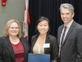 Edmonton public school board chair Sarah Hoffman, left, with newly elected student trustee Johannah Ko, and Edmonton Public Schools superintendent Darrel Robertson.