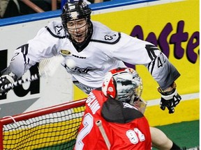 Edmonton Rush’s Mark Matthews tries to flip the ball over the net and past goaltender Frankie Scigliano of the Calgary Roughnecks on April 19, 2014, in Edmonton.