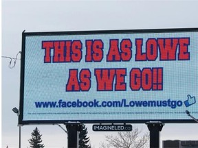 An electronic billboard at 99th Street and Argyll Road displays the slogan “This is as Lowe as we go!!” on Nov. 26, 2014.