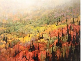 Elzbieta Krawecka’s Adorned, a luscious oil landscape found at Bugera Matheson Gallery though Oct. 17