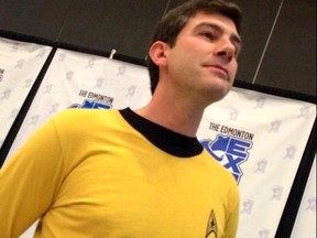 Edmonton Mayor Don Iveson stripped off his shirt and tie to reveal his Trekkie costume after arriving for his talk at the Edmonton Comic and Entertainment Expo on Saturday.