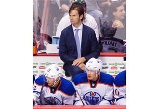 FILE — Former head coach Dallas Eakins of the Edmonton Oilers watches from the bench during the NHL game against the Phoenix Coyotes at Jobing.com Arena on Oct. 26, 2013 in Glendale, Arizona.