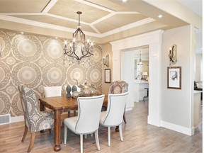 The 12-foot tray ceiling is a spectacular touch in the formal dining room in the 2014 Cash & Cars lottery home.