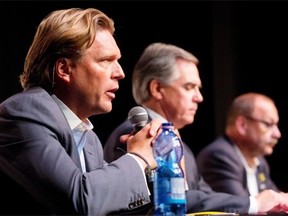 From left, Alberta PC leadership candidates Thomas Lukaszuk, Jim Prentice and Ric McIver take part in an Aug. 21 forum in Edmonton. No matter who wins, the party must rapidly adapt to a new province whose voters no longer remember the past fondly, if they remember it all, the Journal says in an editorial.