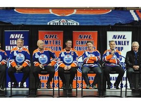 From left, Grant Fuhr, Glenn Anderson, Mark Messier, Wayne Gretzky, Jari Kurri, Paul Coffey and Glen Sather at the 1984 Edmonton Oilers Stanley Cup team reunion at Rexall Place on Wednesday.