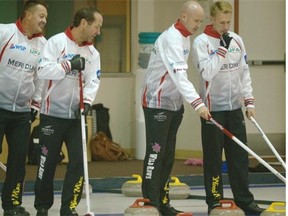 From left, Ben Hebert, Brent Laing, Kevin Koe and Marc Kennedy practise at the Crestwood Curling Club on Thursday, Oct. 9, 2014 ahead of the Oct. 10-13 weekend’s $50,000 men’s bonspiel at the Edmonton locale.