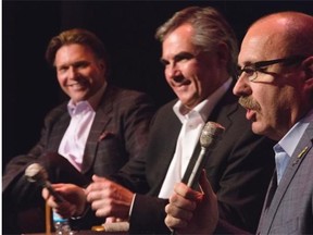 From left, Thomas Lukaszuk, Jim Prentice and Ric McIver speak at a Calgary leadership forum.