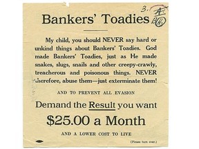 Front side of what became known as the Bankers’ Toadies leaflet distributed by Social Credit calling for the “extermination” of opponents to the government’s plan to give all Albertans monthly dividends of $25.