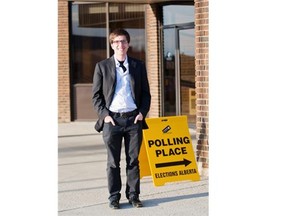 Garnett Genuis, the Wildrose candidate in Sherwood Park, poses in front of the polling station at Sherwood Park Pentecostal Church on April 23, 2012, in Edmonton.