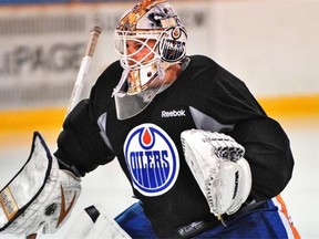 Goalie Laurent Brossoit takes part in the Edmonton Oilers annual prospect development camp in Jasper, July 3, 2014.