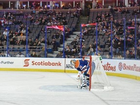 Goalie Viktor Fasth (35)of the Edmonton Oilers, in a near empty  Rexall Place with three minutes left in a 5-2 loss to Arizona.