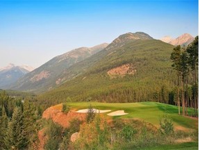 The green on The Cliffhanger, the Greywolf Golf Course feature hole at Panoroma, B.C., sits on top of a precipice on the other side of a deep gorge, with the distance from the tee box ranging from 142 to 200 yards.
