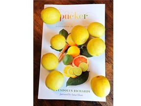 Gwendolyn Richards, food writer for the Calgary Herald, celebrates citrus foods in her new cookbook, Pucker. She is pictured with her Goat Cheese with Lemon and Herb Olive Oil.
