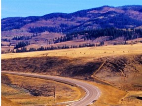 Highway 22 (the Cowboy Trail) winds through the hills and ranchland of southern Alberta.