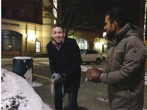 Jeff Chase, left, and Robin Mazumder already have more than 2,000 people signed up for a mass snowball fight in Edmonton, and they’re now aiming to set a world record.