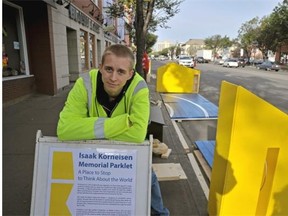 Jonathan Behnke helped set up a parklet, a one-day public space memorial on Whyte Avenue, just east of 102 Street, in memory of 21-year-old cyclist Isaak Kornelsen who was killed August 27, 2012 while cycling on Whyte Avenue in Old Strathcona.