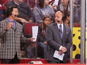 San Jose Sharks broadcasters Drew Remenda, right, and Tyson Nash work a National Hockey League game against the then-Phoenix Coyotes at Glendale, Ariz., on April 15, 2013.