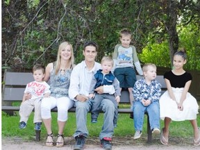 Josh Melnyk and Megan Wolfe  in Saskatoon with their blended family. From left, Jacob Melnyk, 2, Megan, Josh, Hunter Melnyk, 2, Arty Wolfe, 7, Haydn Wolfe, 6, and Tanea Melynk, 11.