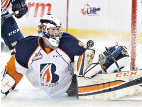Kamloops Blazers goalie Connor Ingram watches the puck sail toward his glove during Wednesday’s Western Hockey League game against the Edmonton Oil Kings at Rexall Place.