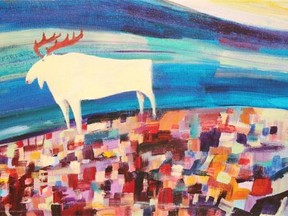 Linus Woods’ Lightningchild’s White Moose, one of a number of his mixed media on canvas artworks up indefinitely at Bearclaw Gallery on 124th Street.