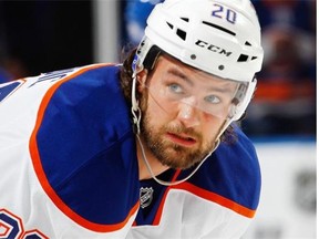 Luke Gazdic of the Edmonton Oilers skates against the New York Islanders at the Nassau Veterans Memorial Coliseum on October 17, 2013 in Uniondale, New York. The Islanders defeated the Oilers 3-2.