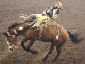 Matt Lait hangs on to his horse during the bareback riding competition during day four of the Canadian Rodeo Finals on November 8, 2014 in Edmonton.