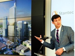 Mayor Don Iveson gestures during the unveiling Tuesday of the design and details of a 62-storey office and residential tower that will be the new office of Stantec’s 1,700 employees in Edmonton.