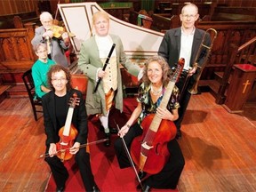 Members of the Early Music Society, from left, Judy Loewen, on the harpsicord, George Andrix, with the Vielle, Jennifer Bustin, with the treble gamba, Bill Damur, baroque and classical flute, Josephine van Lier, bass viola da gamba, and Ken Read with the tenor Sackbut at the Holy Trinity Anglican Church. Their annual festival is planned for next May.