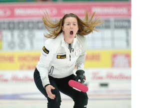 Val Sweeting of the Saville Centre calls for sweeping during Saturday’s women’s semifinal in the Canada Cup against Sherwood Park’s Heather Nedohin at EnCana Arena in Camrose.