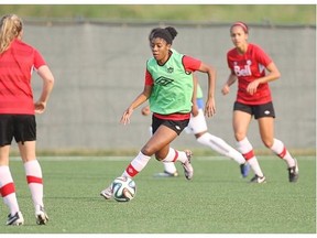 Midfielder Ashley Lawrence moves the ball during Canada’s U-20 Women’s World Cup practice Thursday at the Edmonton Soccer Complex.